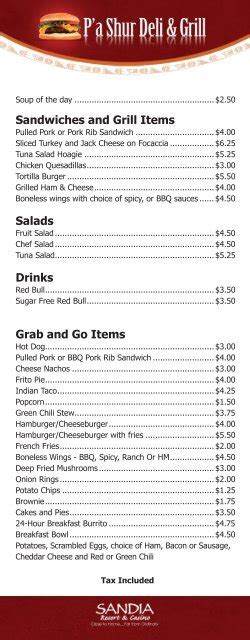 Sandia Casino Deli Menu